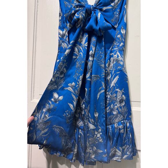 Alexis Blue Floral Print Silky Open Tie Back Mini Dress Size S - Picture 9 of 13
